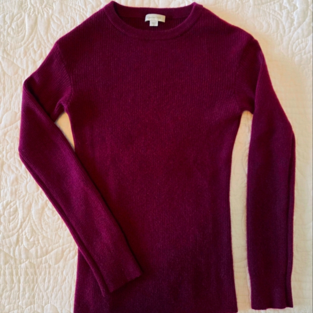 Garnet Hill Ribbed Cashmere Burgundy Long Sleeve Sweater